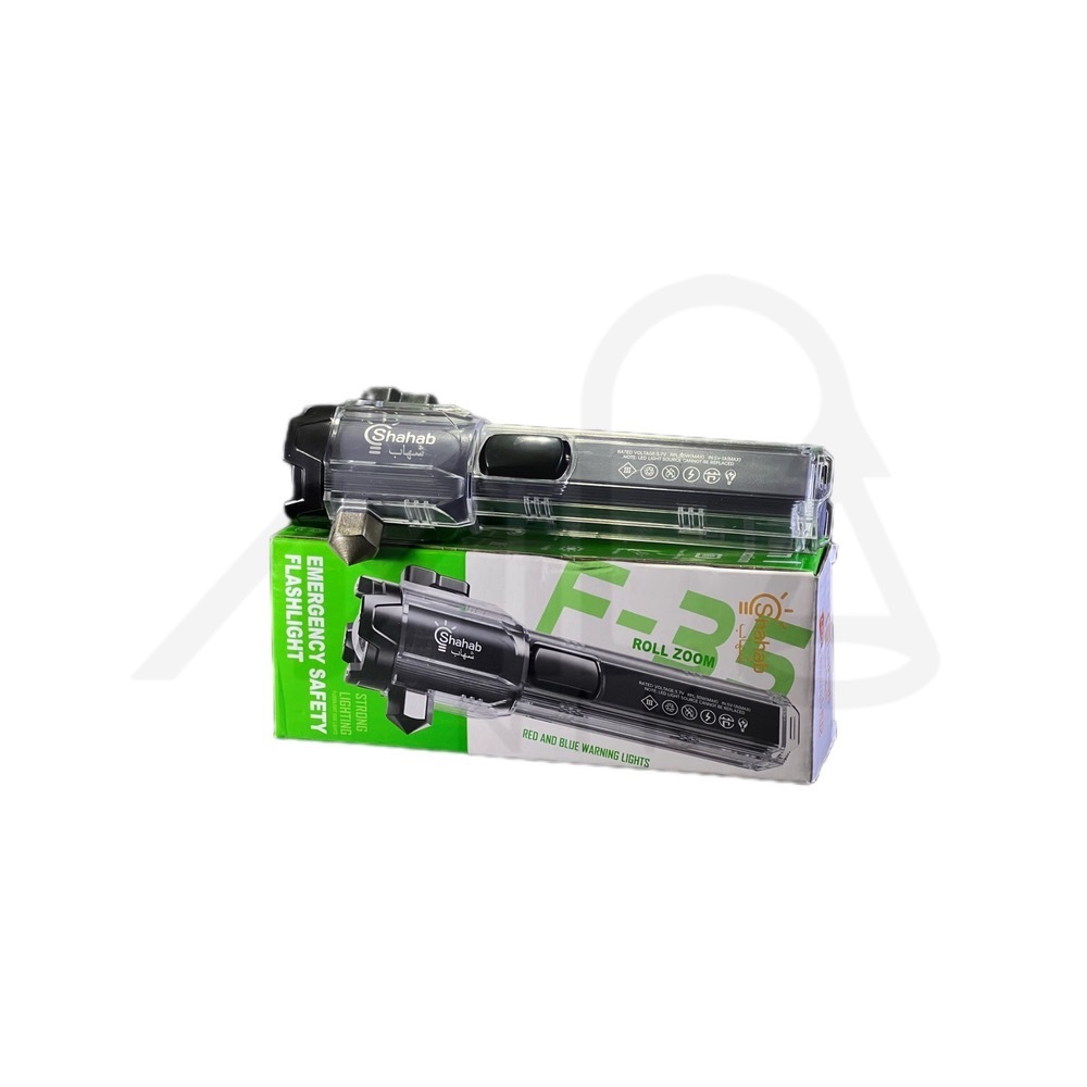 چراغ قوه اضطراری آژیر دار چند کاره عکس جعبه و خود چراغ