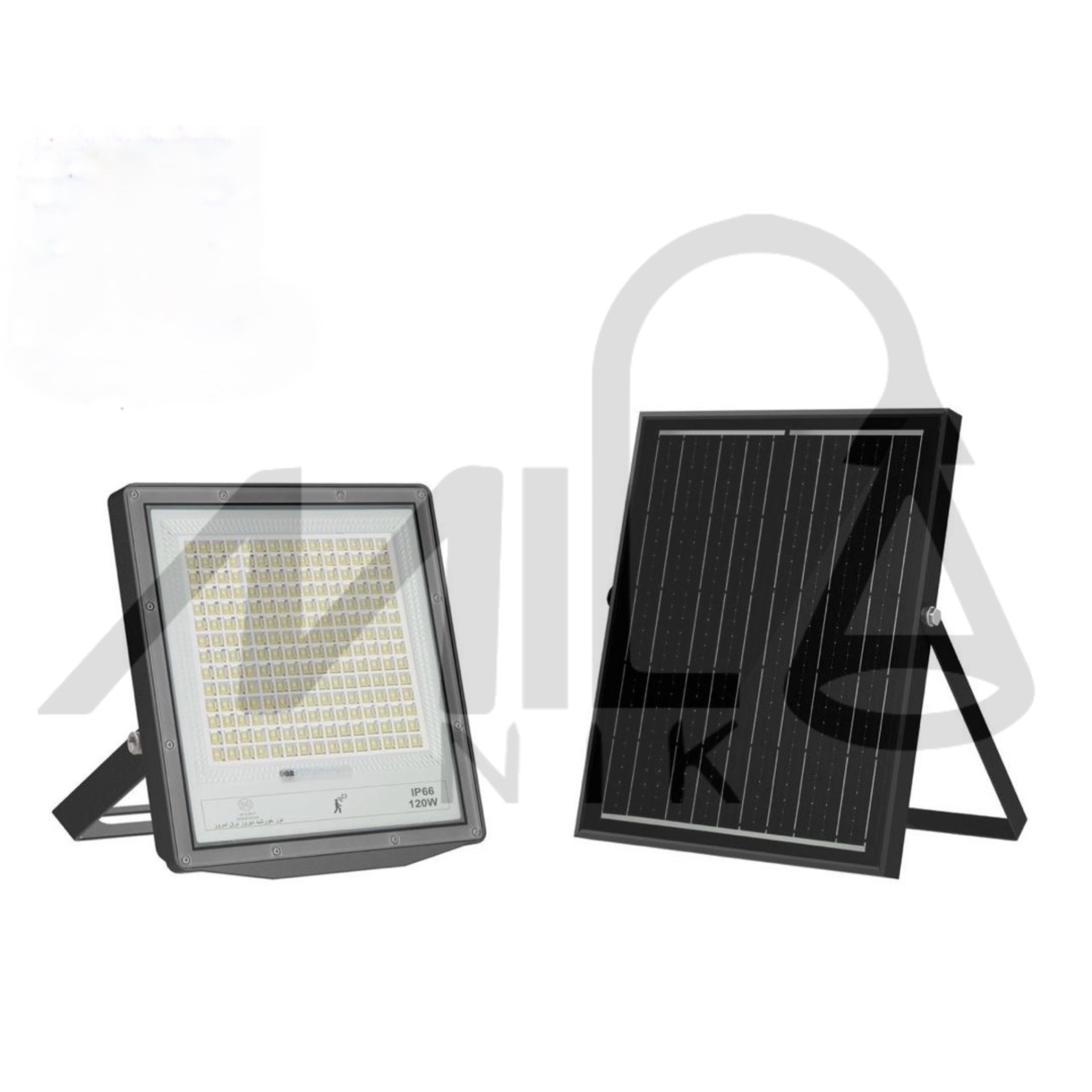  پرژکتور خورشیدی ۱۲۰ وات با پنل سولار و باتری داخلی قابل شارژ، مناسب برای روشنایی محوطه و فضاهای بیرونی بدون نیاز به برق 