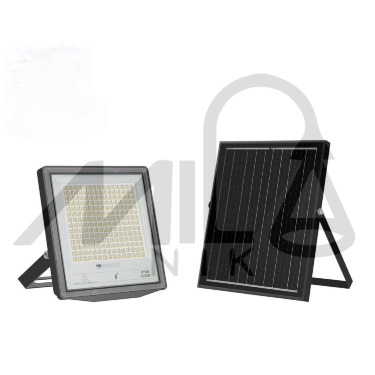 پرژکتور خورشیدی ۱۲۰ وات با پنل سولار و باتری داخلی قابل شارژ، مناسب برای روشنایی محوطه و فضاهای بیرونی بدون نیاز به برق