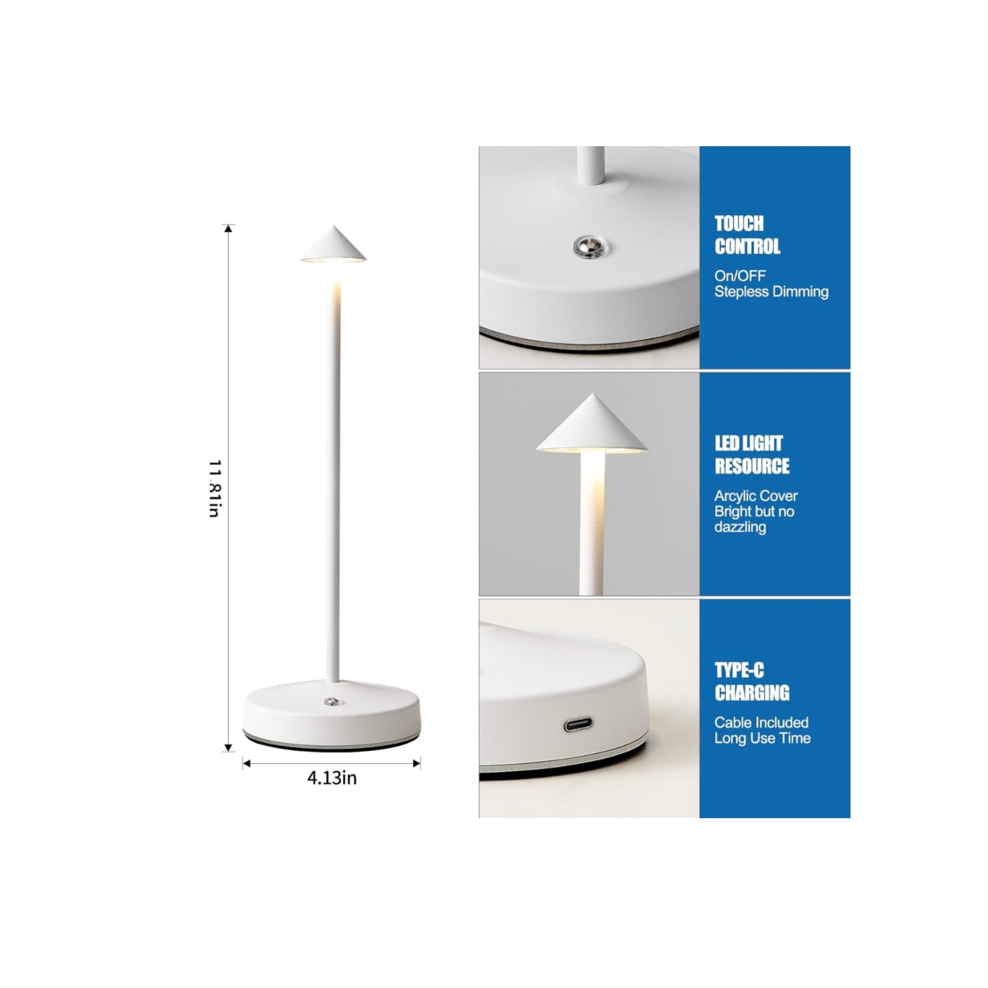  چراغ رومیزی LED قابل شارژ با نور قابل تنظیم، مناسب برای میز تحریر، مطالعه شبانه و فضاهای بدون پریز برق 